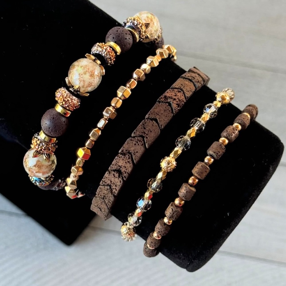 Elegant Beaded Bracelet Set - Gold and Brown